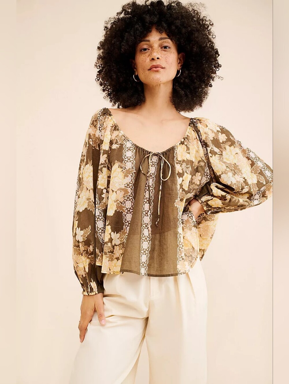Free People Elena Printed Billowy Top Brown Floral Boho Peasant Blouse M